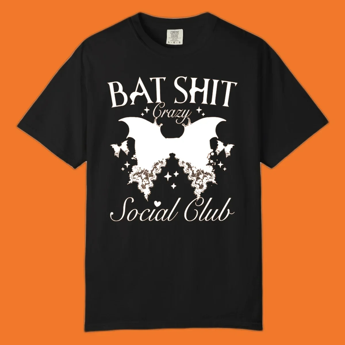 Bat Shit Crazy Social Club design with bat wings, lace, and text.