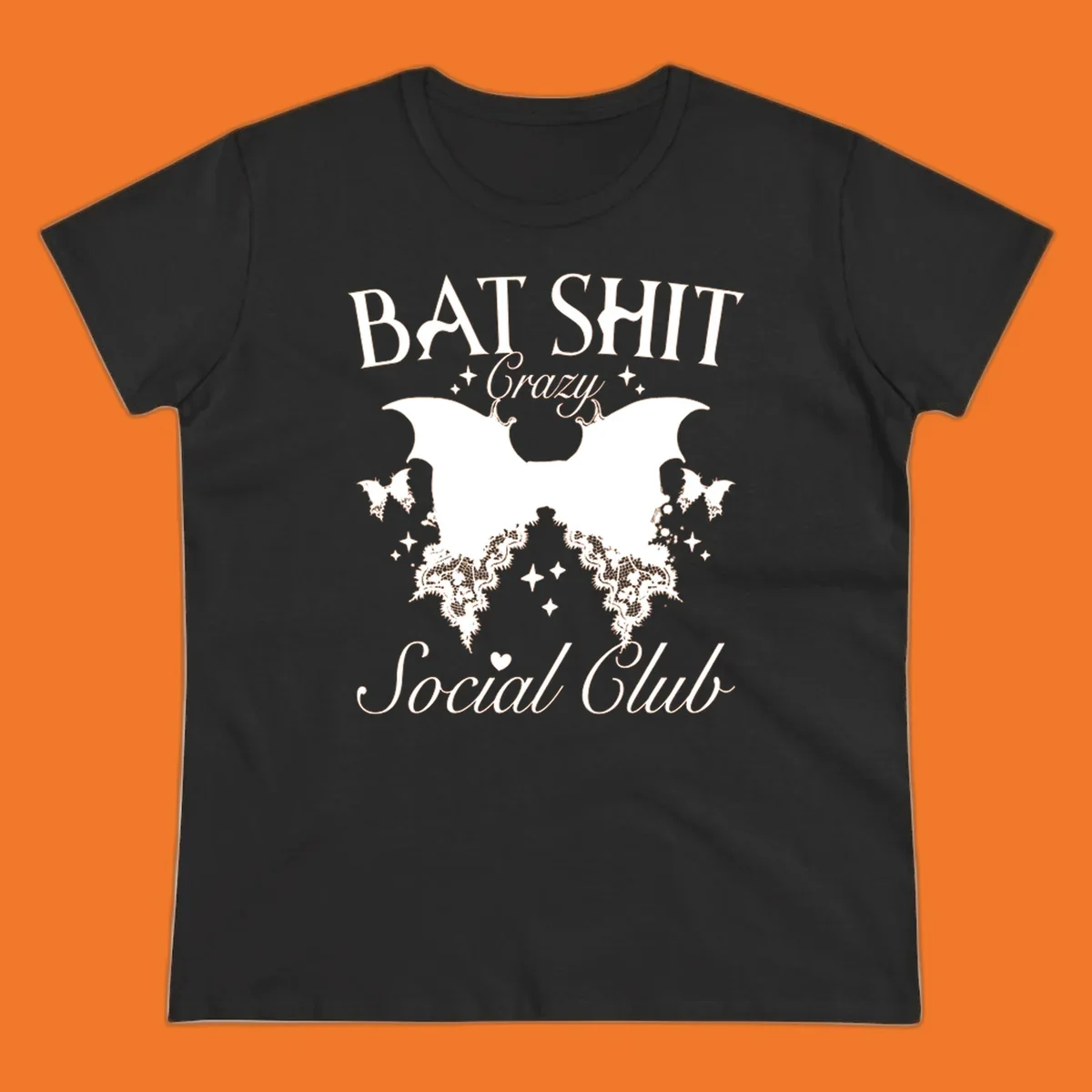 Bat Shit Crazy Social Club design with bat wings, lace, and text.