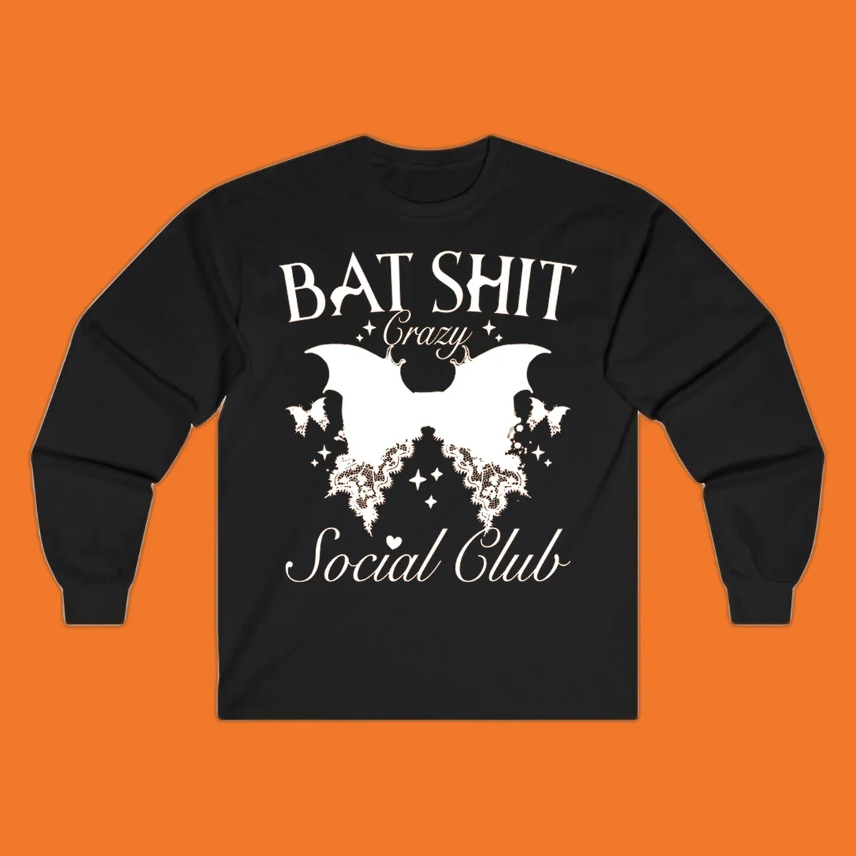 Bat Shit Crazy Social Club design with bat wings, lace, and text.