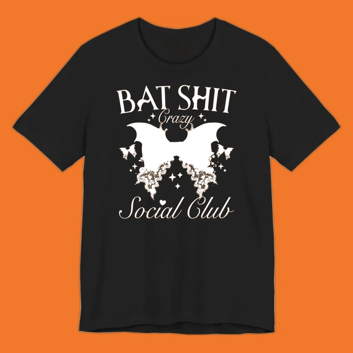 Bat Shit Crazy Social Club design with bat wings, lace, and text.