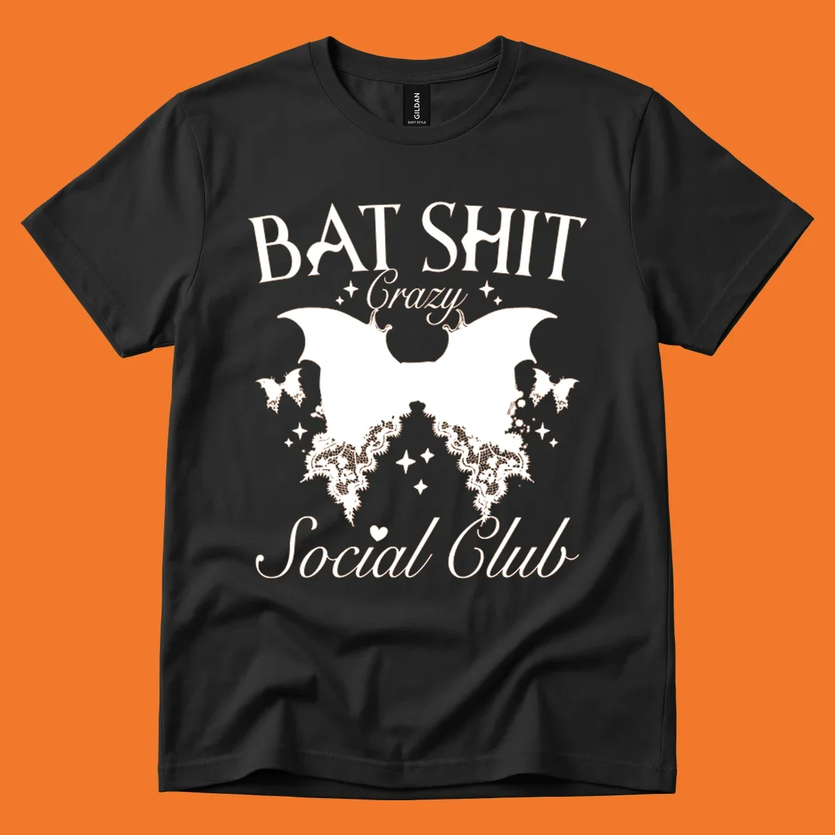 Bat Shit Crazy Social Club design with bat wings, lace, and text.