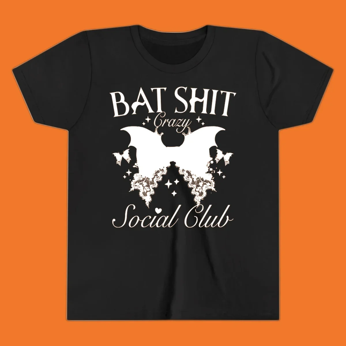 Bat Shit Crazy Social Club design with bat wings, lace, and text.