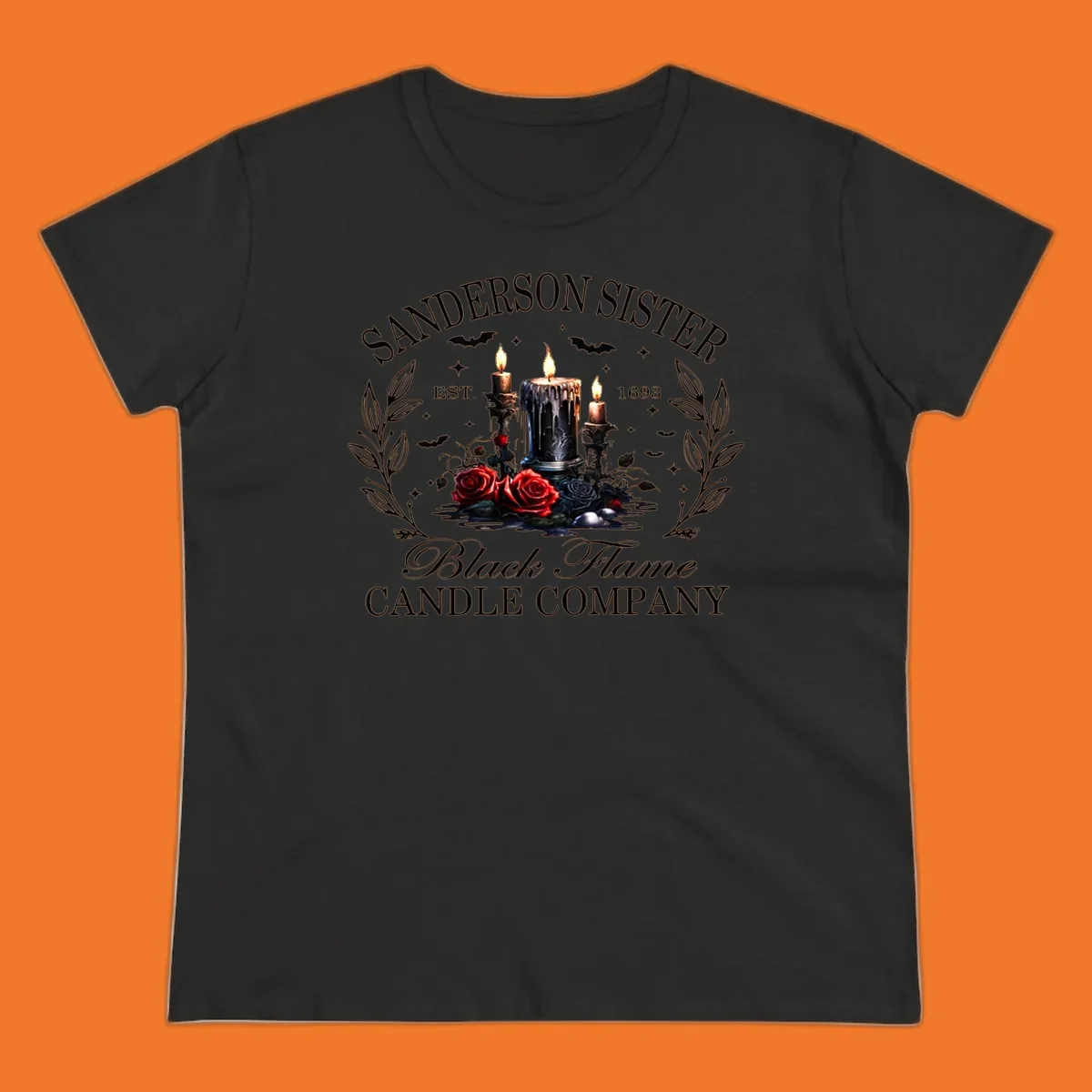 Sanderson Sister Black Flame Candle Company logo with dripping candles, roses, and bats.