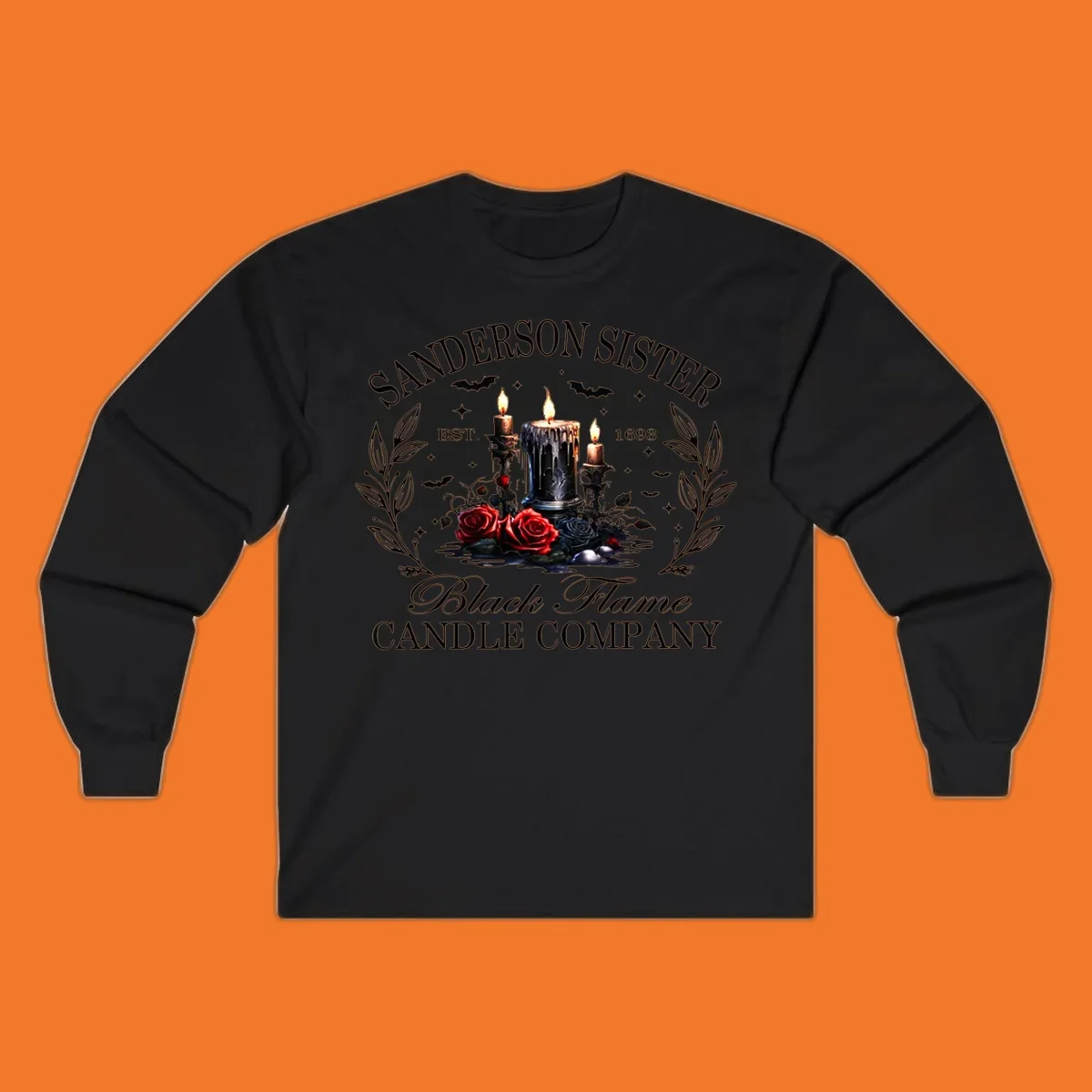 Sanderson Sister Black Flame Candle Company logo with dripping candles, roses, and bats.