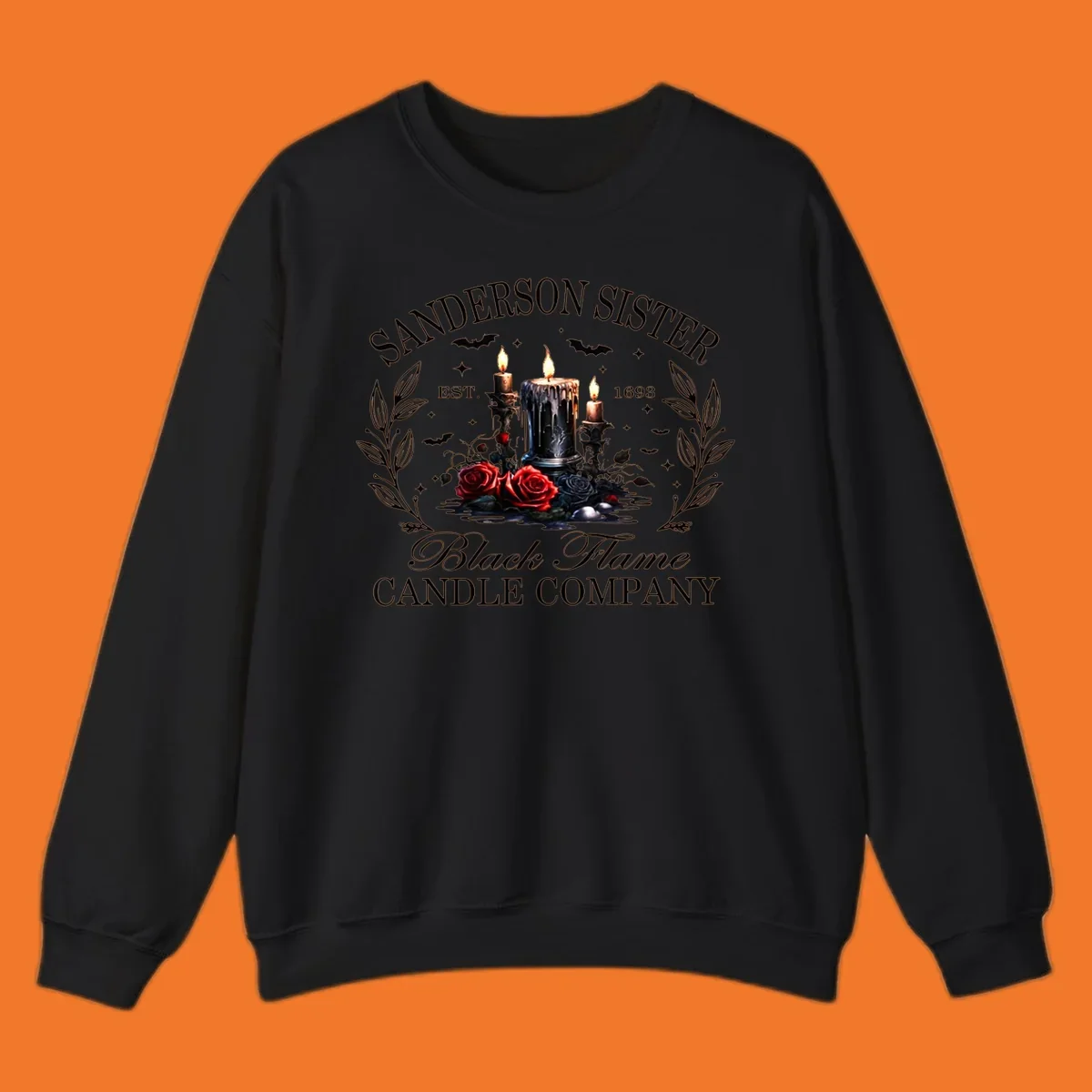 Sanderson Sister Black Flame Candle Company logo with dripping candles, roses, and bats.