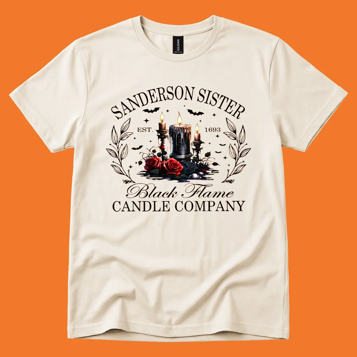 Sanderson Sister Black Flame Candle Company logo with dripping candles, roses, and bats.