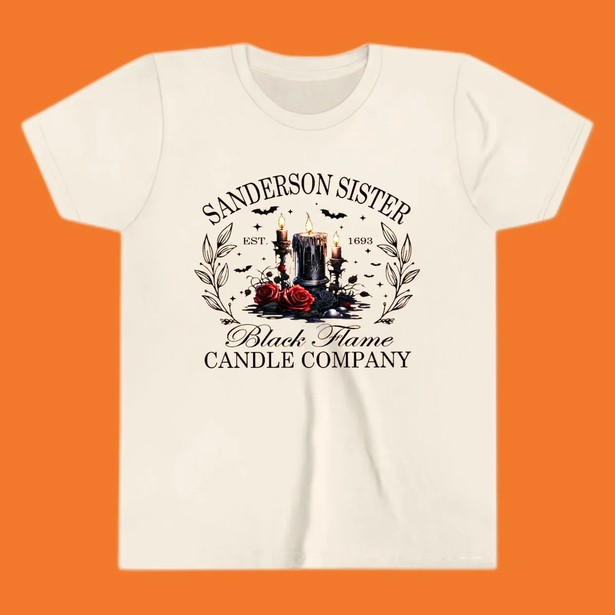Sanderson Sister Black Flame Candle Company logo with dripping candles, roses, and bats.