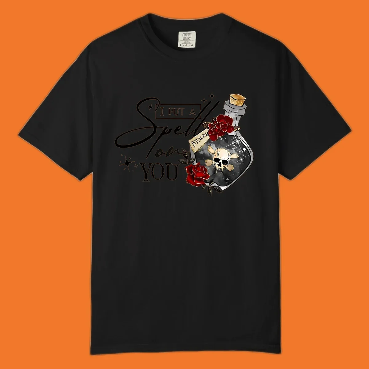 Halloween potion bottle with skull and roses, text 'I Put A Spell On You'.