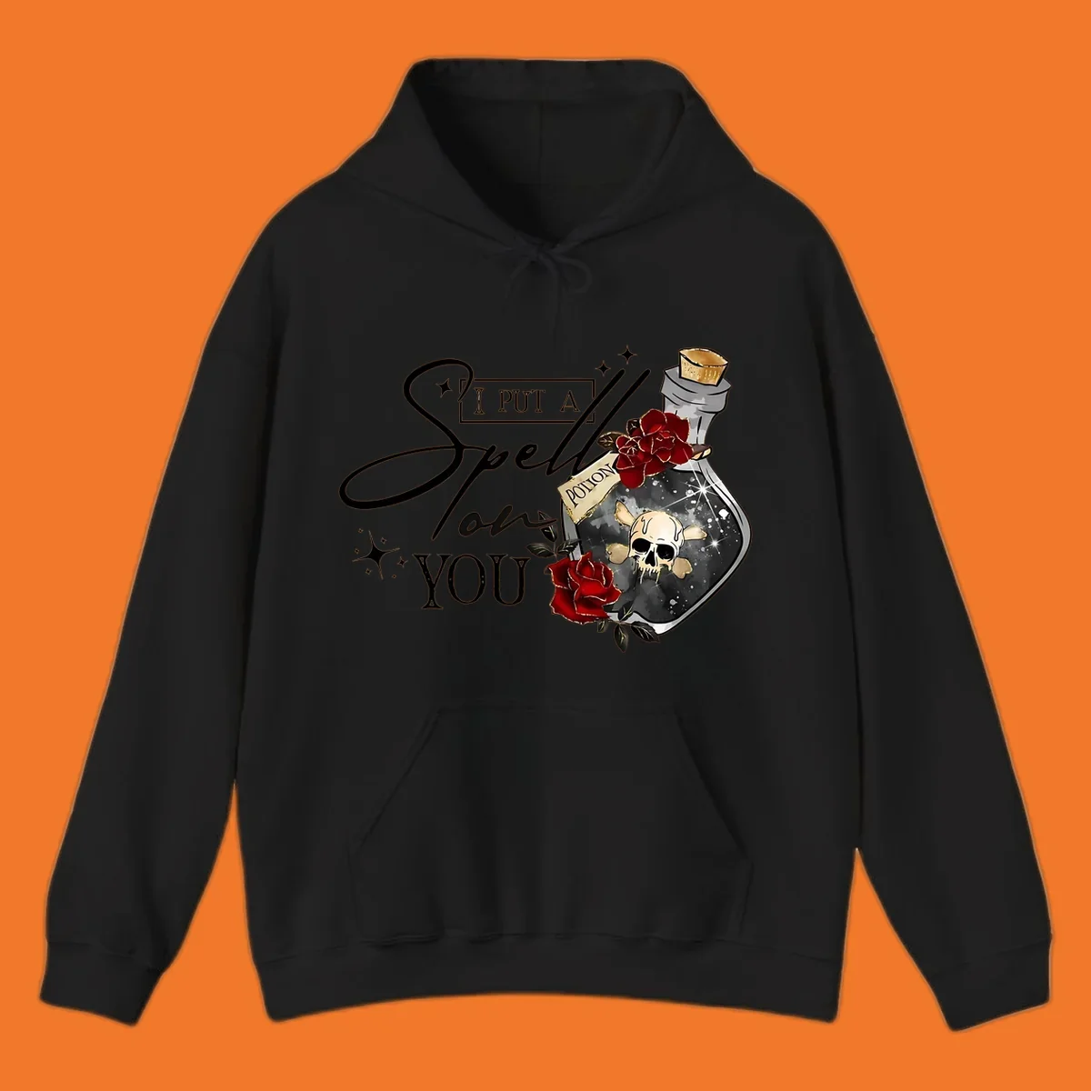 Halloween potion bottle with skull and roses, text 'I Put A Spell On You'.