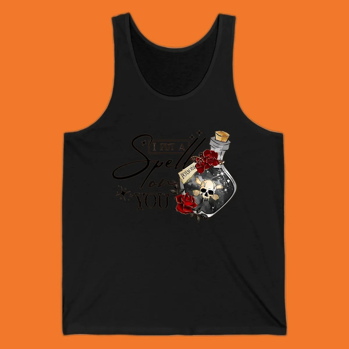 Halloween potion bottle with skull and roses, text 'I Put A Spell On You'.