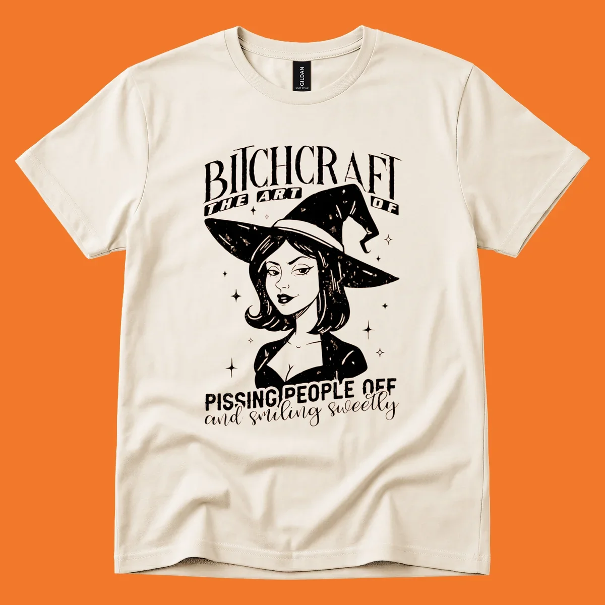 Illustration of a witch with the text Bitchcraft The Art Of Pissing People Off and smiling sweetly.