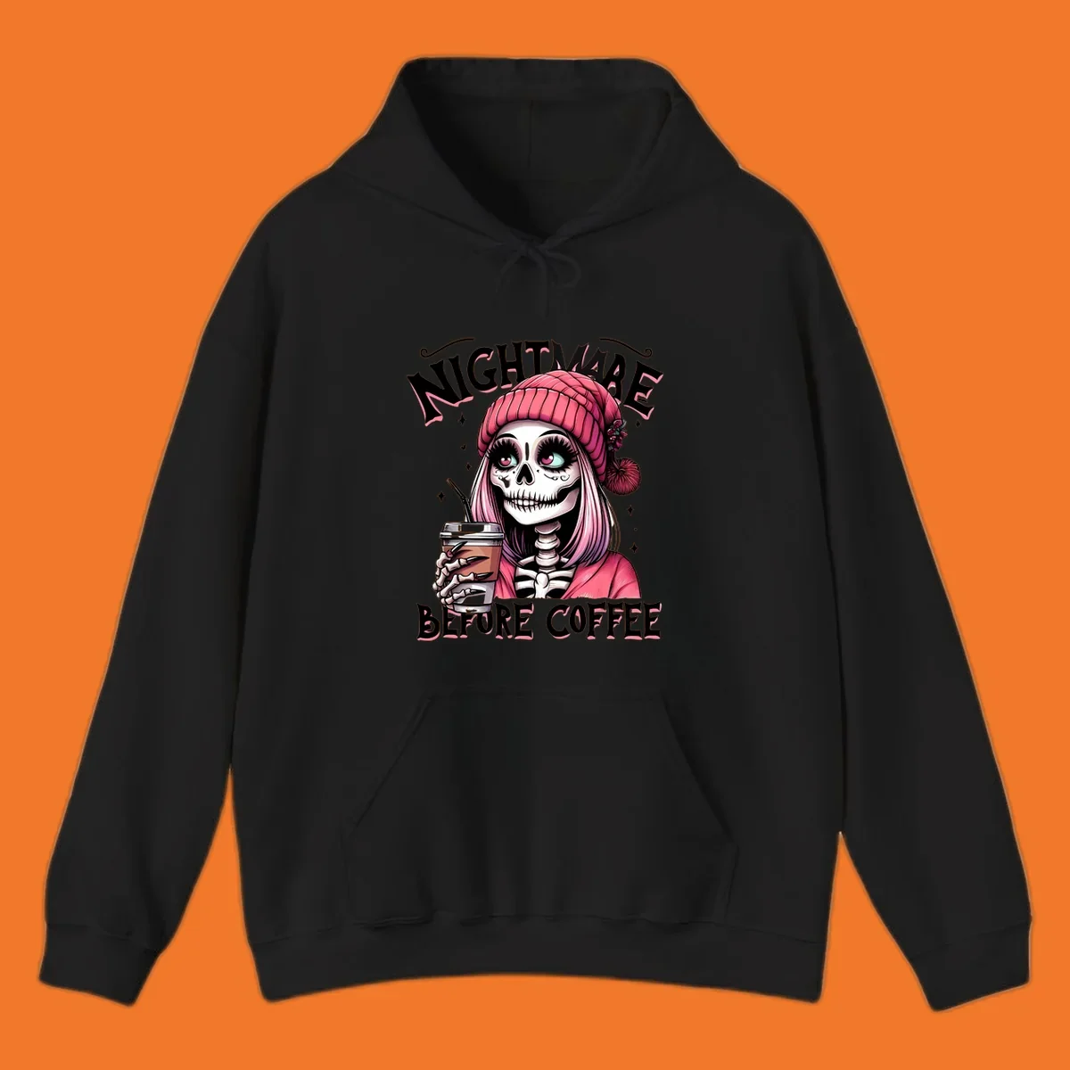 Skeleton woman with pink hair and coffee cup, text Nightmare Before Coffee. Skeleton-coffee-nightmare.