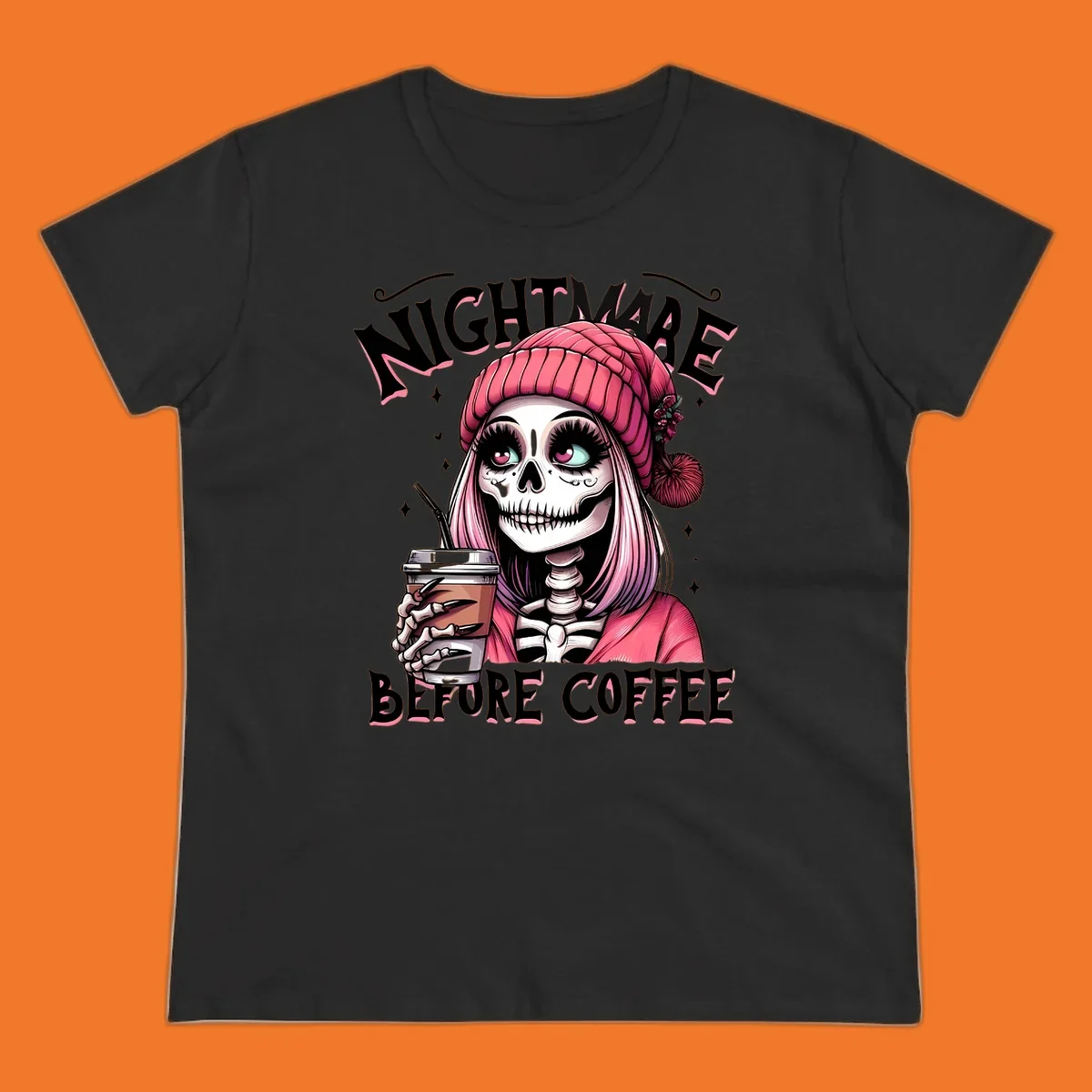 Skeleton woman with pink hair and coffee cup, text Nightmare Before Coffee. Skeleton-coffee-nightmare.