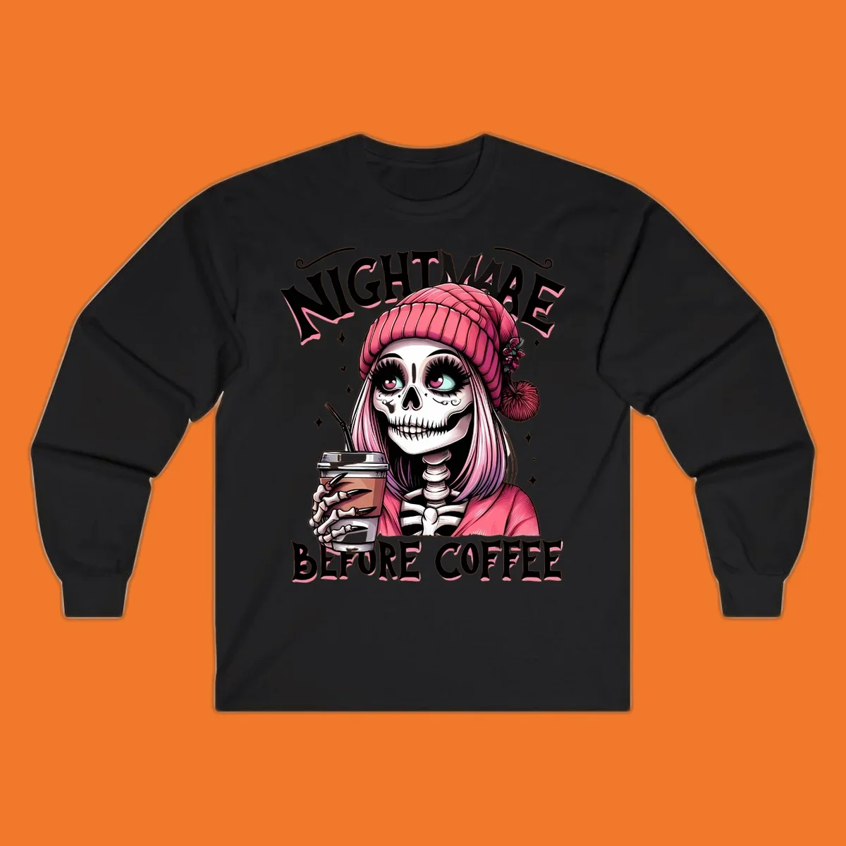 Skeleton woman with pink hair and coffee cup, text Nightmare Before Coffee. Skeleton-coffee-nightmare.