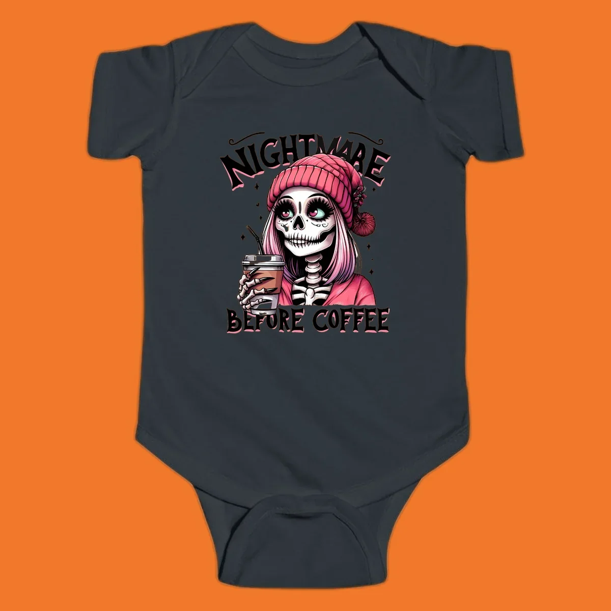 Skeleton woman with pink hair and coffee cup, text Nightmare Before Coffee. Skeleton-coffee-nightmare.