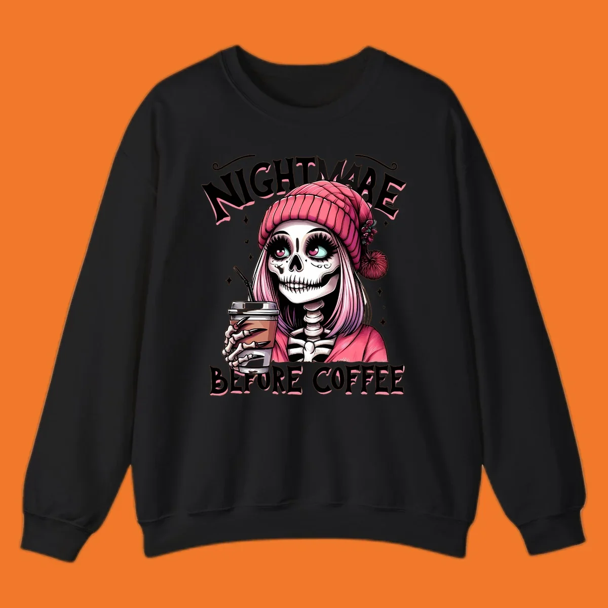 Skeleton woman with pink hair and coffee cup, text Nightmare Before Coffee. Skeleton-coffee-nightmare.