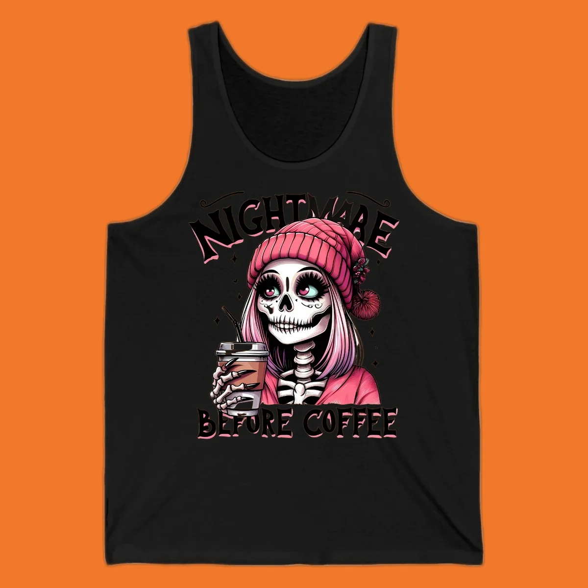Skeleton woman with pink hair and coffee cup, text Nightmare Before Coffee. Skeleton-coffee-nightmare.