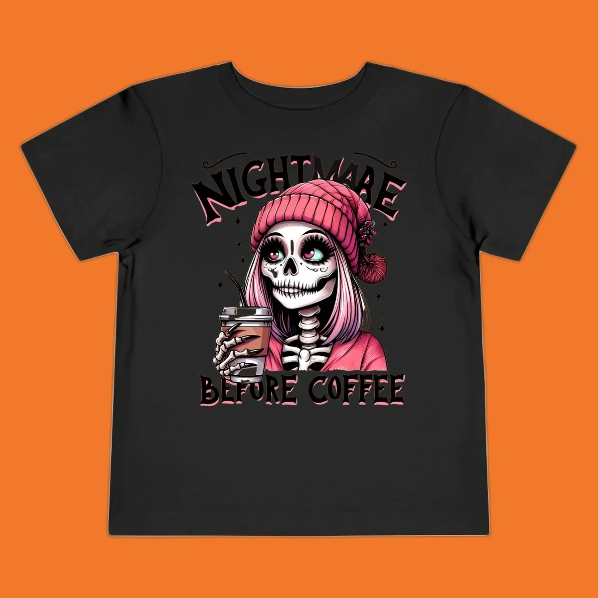Skeleton woman with pink hair and coffee cup, text Nightmare Before Coffee. Skeleton-coffee-nightmare.