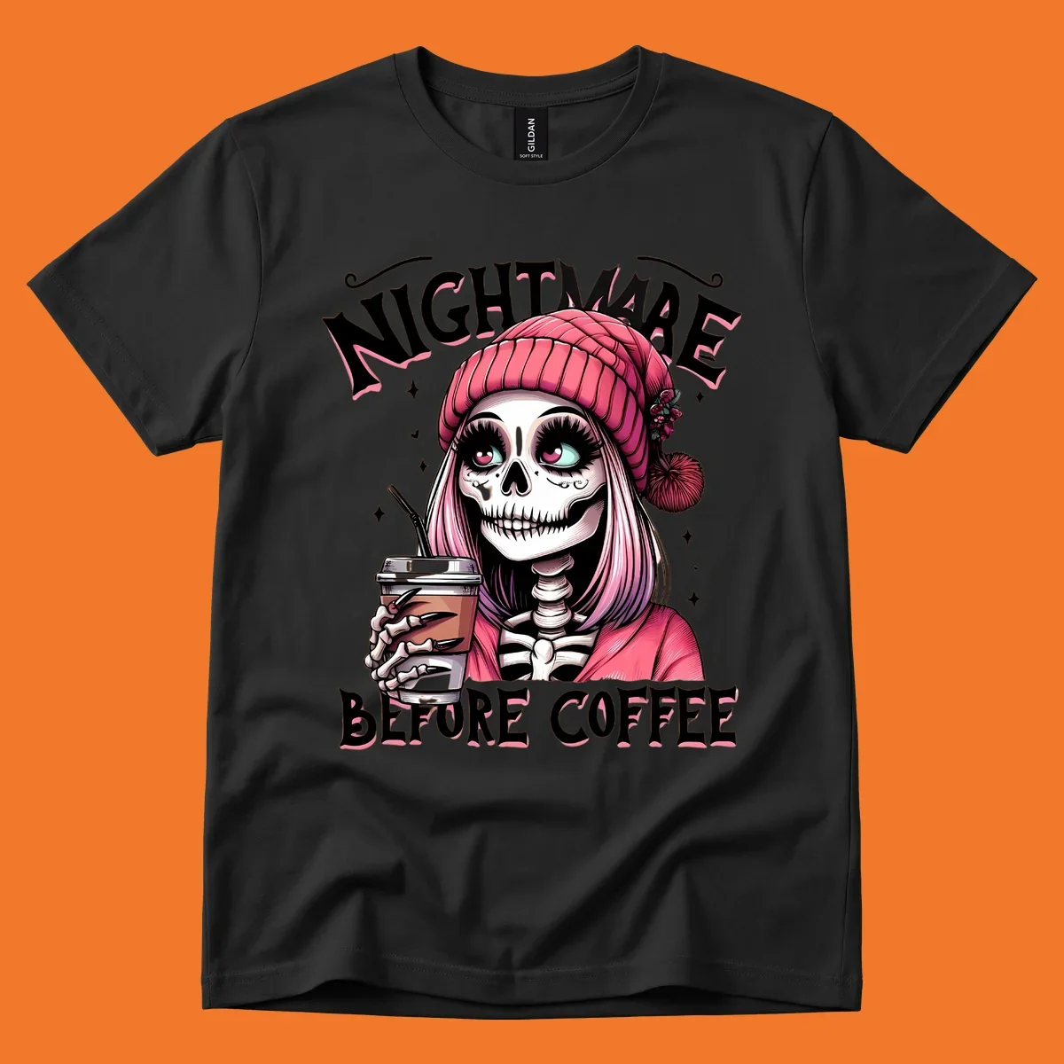 Skeleton woman with pink hair and coffee cup, text Nightmare Before Coffee. Skeleton-coffee-nightmare.