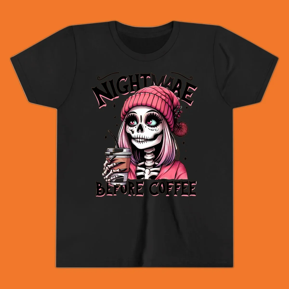 Skeleton woman with pink hair and coffee cup, text Nightmare Before Coffee. Skeleton-coffee-nightmare.