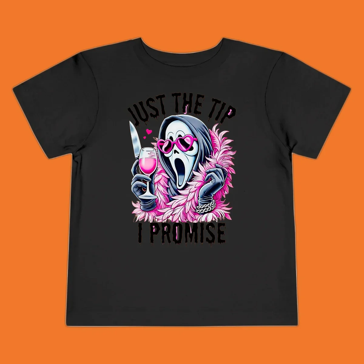 Ghostface mask with pink heart glasses and boa holding knife and wine, text 'JUST THE TIP I PROMISE'.