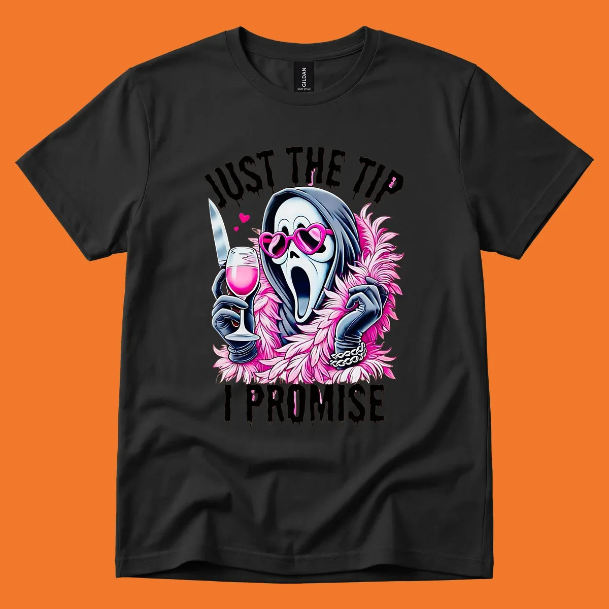 Ghostface mask with pink heart glasses and boa holding knife and wine, text 'JUST THE TIP I PROMISE'.