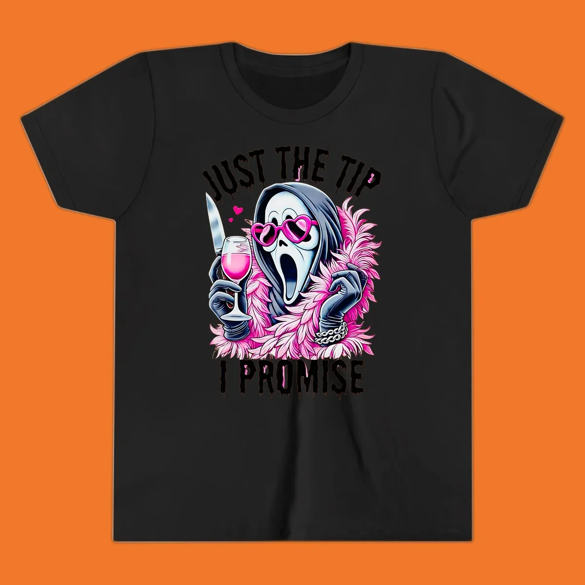 Ghostface mask with pink heart glasses and boa holding knife and wine, text 'JUST THE TIP I PROMISE'.