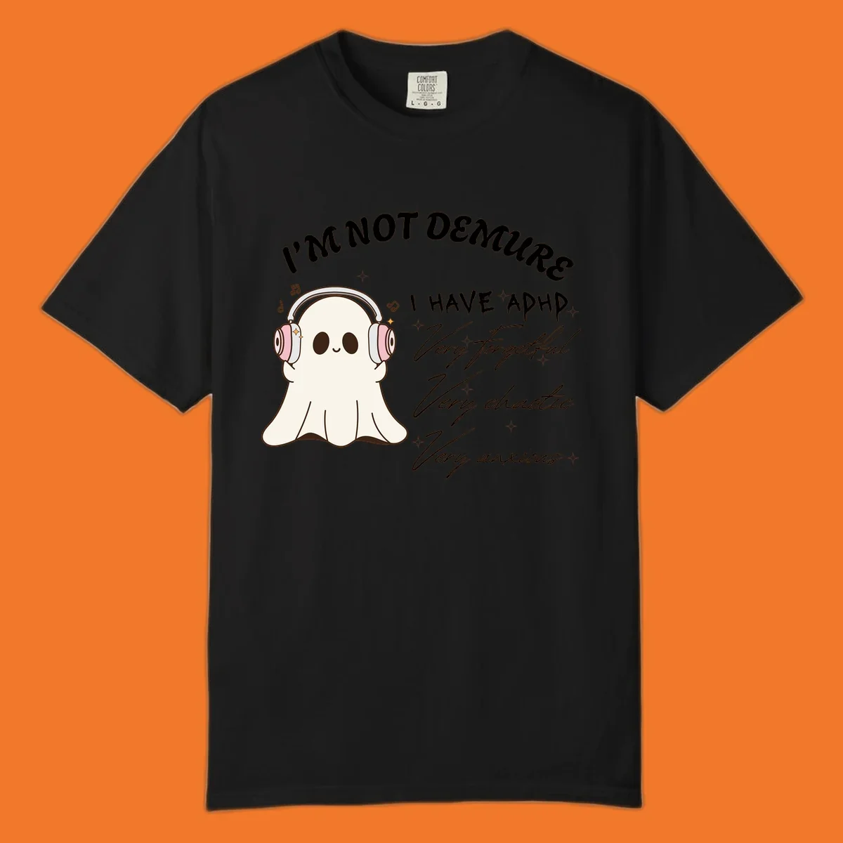 Cute ghost with headphones saying 'I have ADHD' with text about being forgetful, chaotic, and anxious.