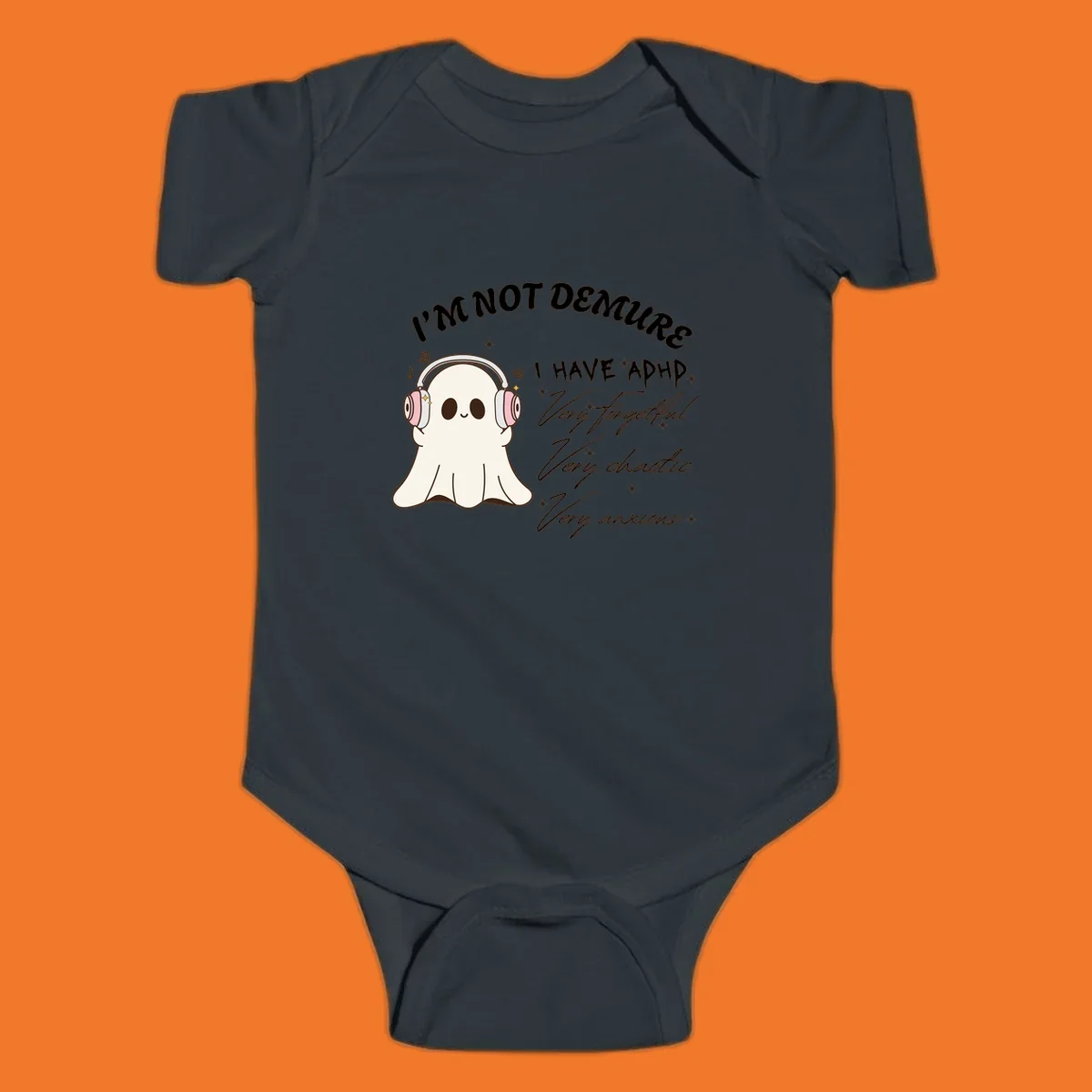 Cute ghost with headphones saying 'I have ADHD' with text about being forgetful, chaotic, and anxious.