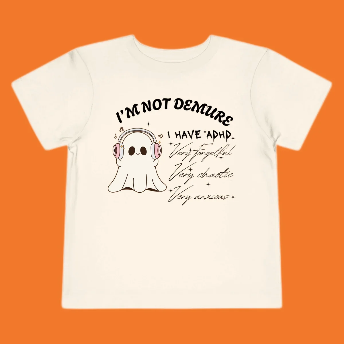 Cute ghost with headphones saying 'I have ADHD' with text about being forgetful, chaotic, and anxious.