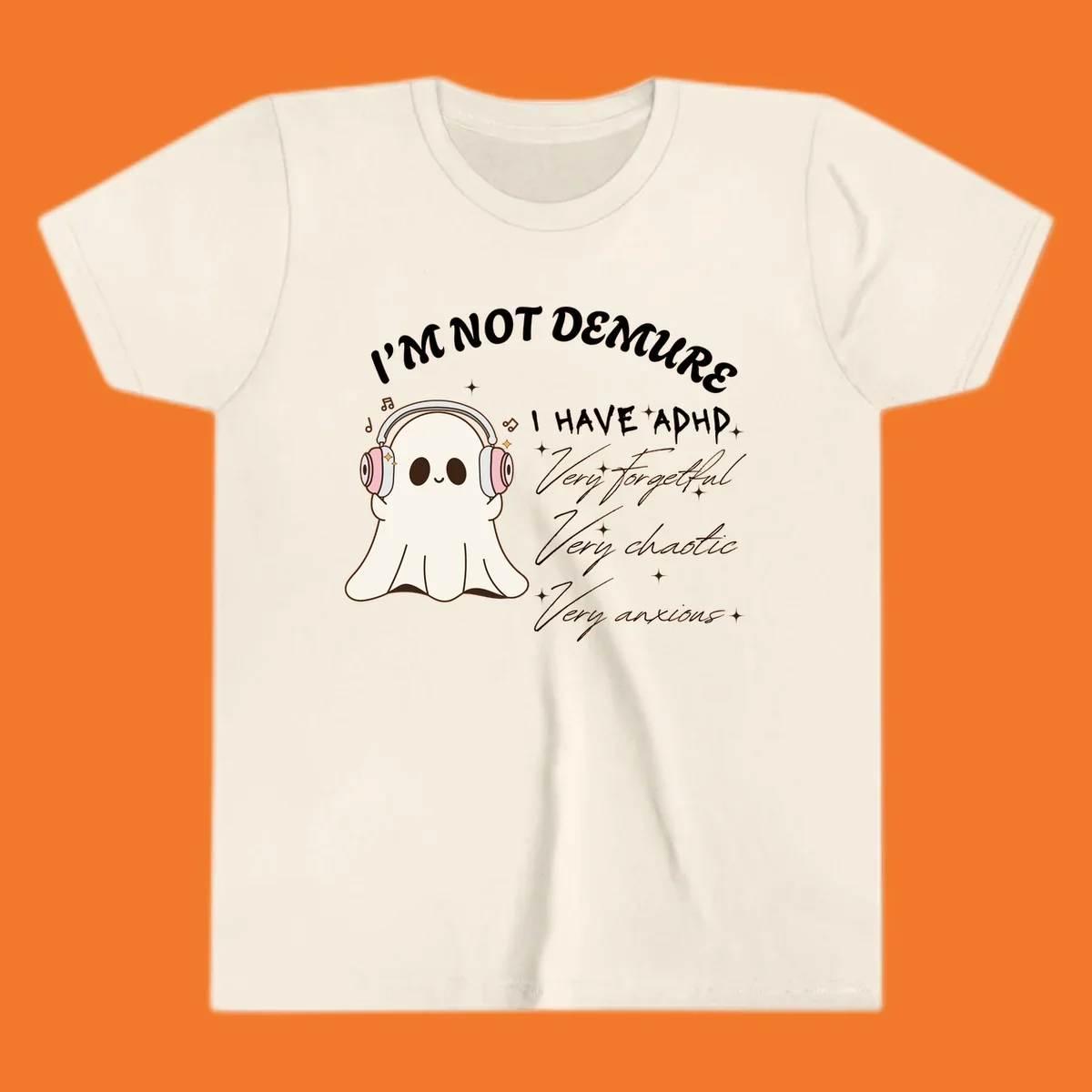 Cute ghost with headphones saying 'I have ADHD' with text about being forgetful, chaotic, and anxious.