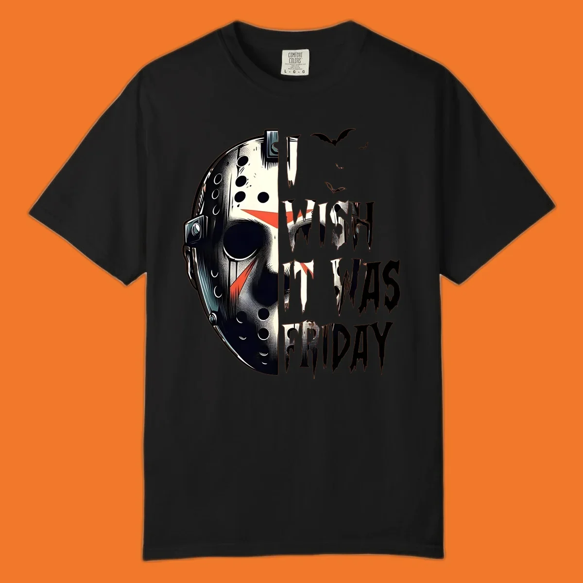Jason mask and dripping text 'I Wish It Was Friday' with bats. Horror movie fan design.
