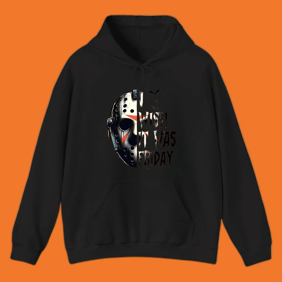 Jason mask and dripping text 'I Wish It Was Friday' with bats. Horror movie fan design.