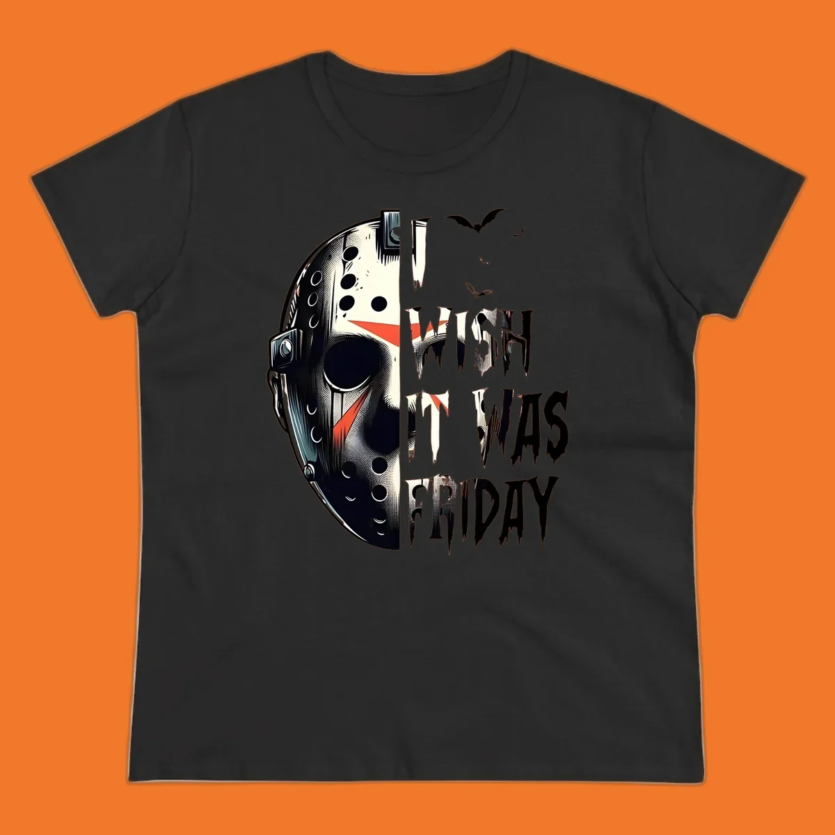 Jason mask and dripping text 'I Wish It Was Friday' with bats. Horror movie fan design.