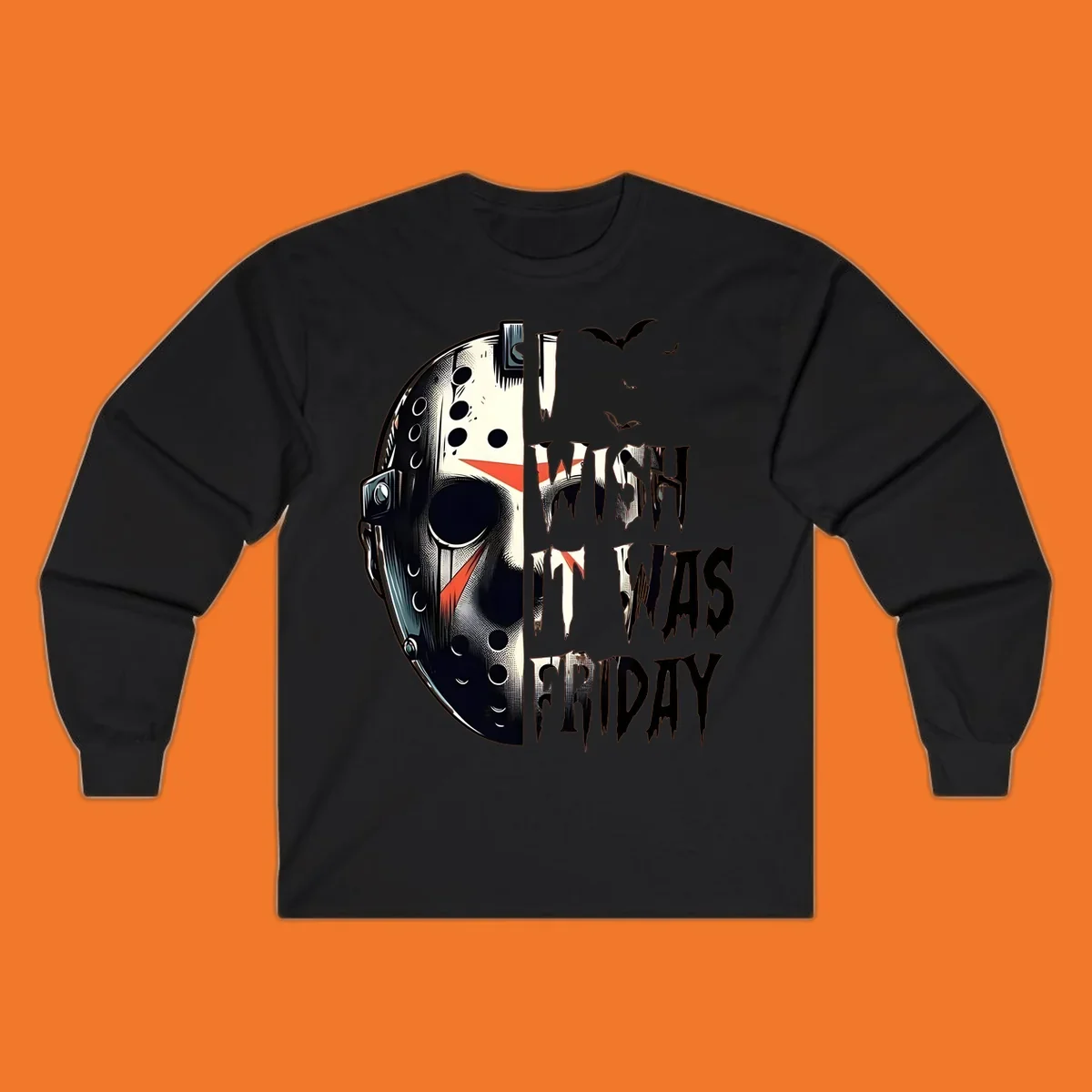 Jason mask and dripping text 'I Wish It Was Friday' with bats. Horror movie fan design.
