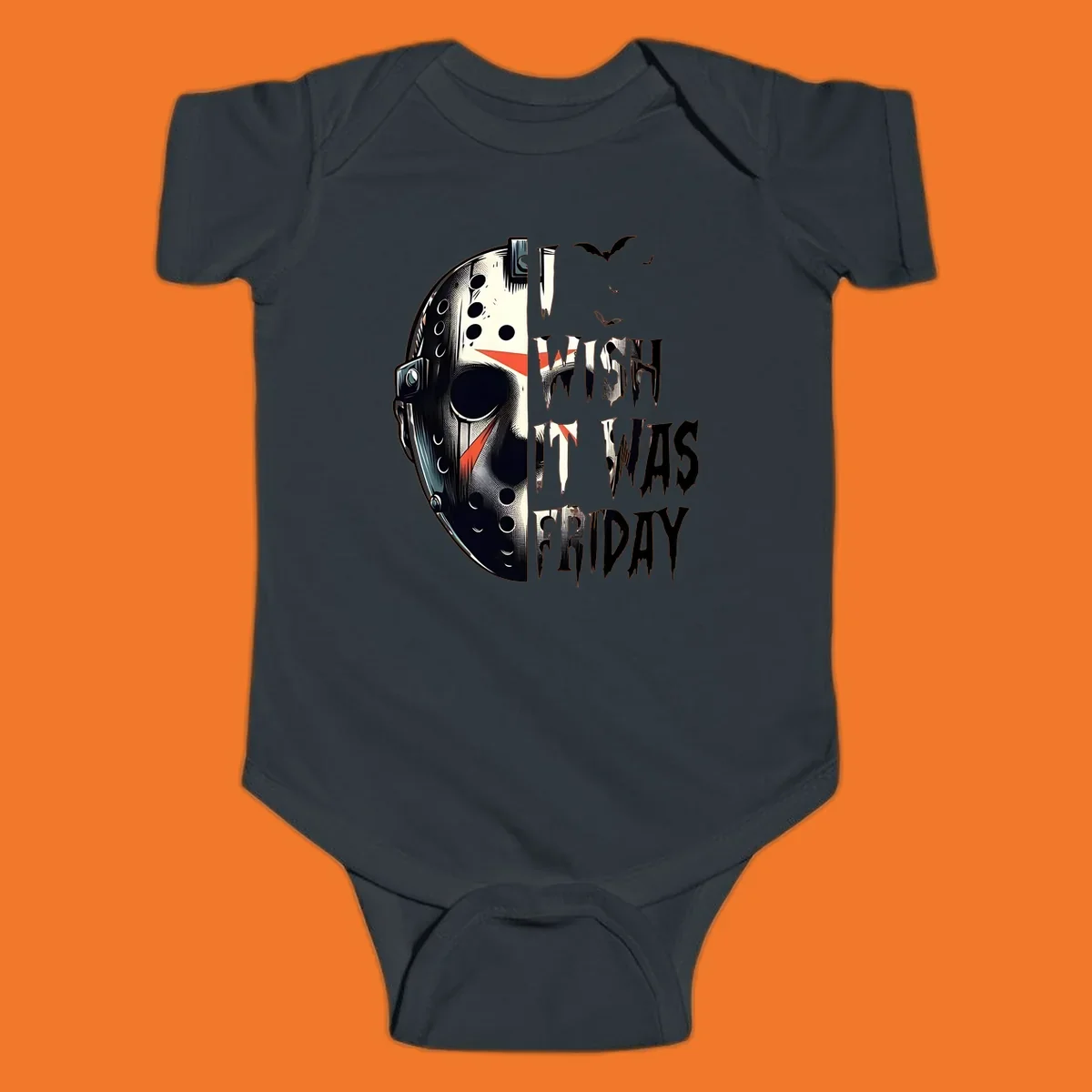 Jason mask and dripping text 'I Wish It Was Friday' with bats. Horror movie fan design.