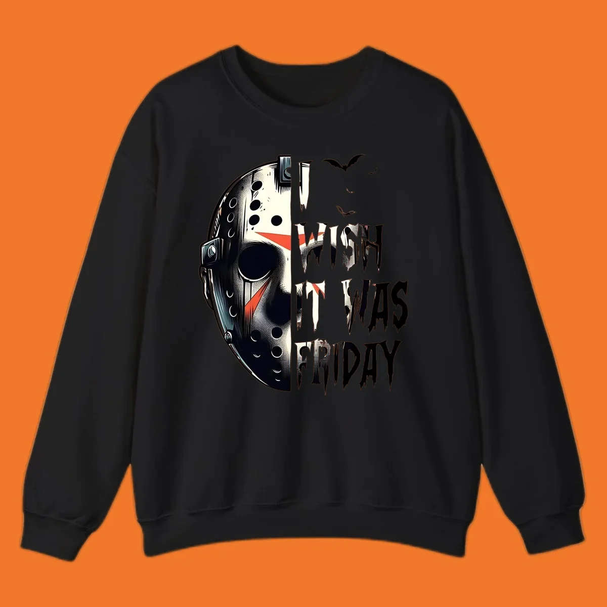 Jason mask and dripping text 'I Wish It Was Friday' with bats. Horror movie fan design.
