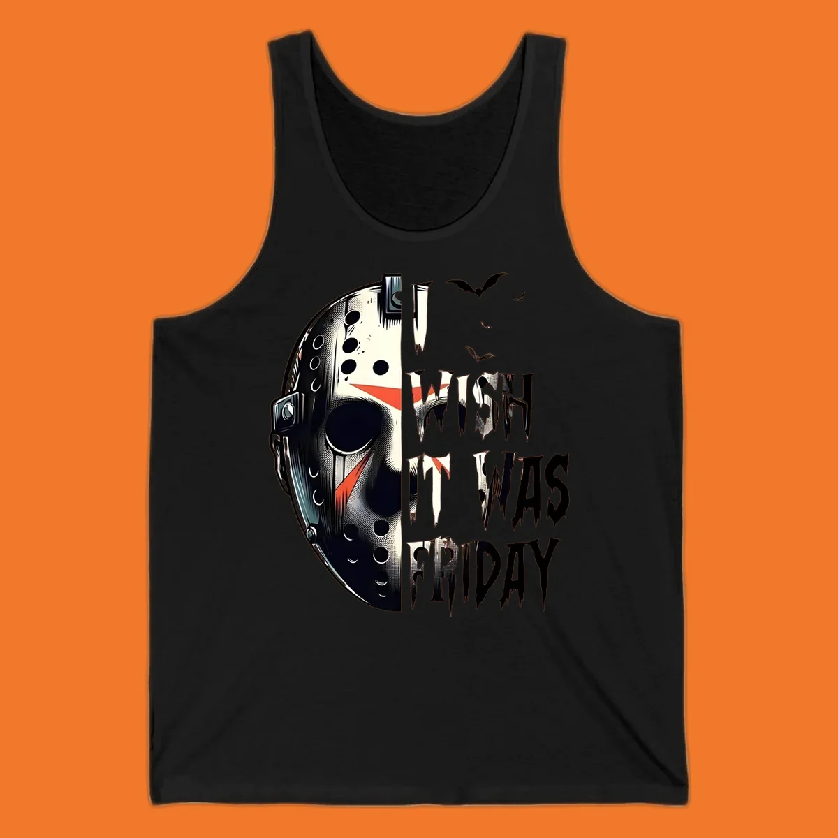 Jason mask and dripping text 'I Wish It Was Friday' with bats. Horror movie fan design.