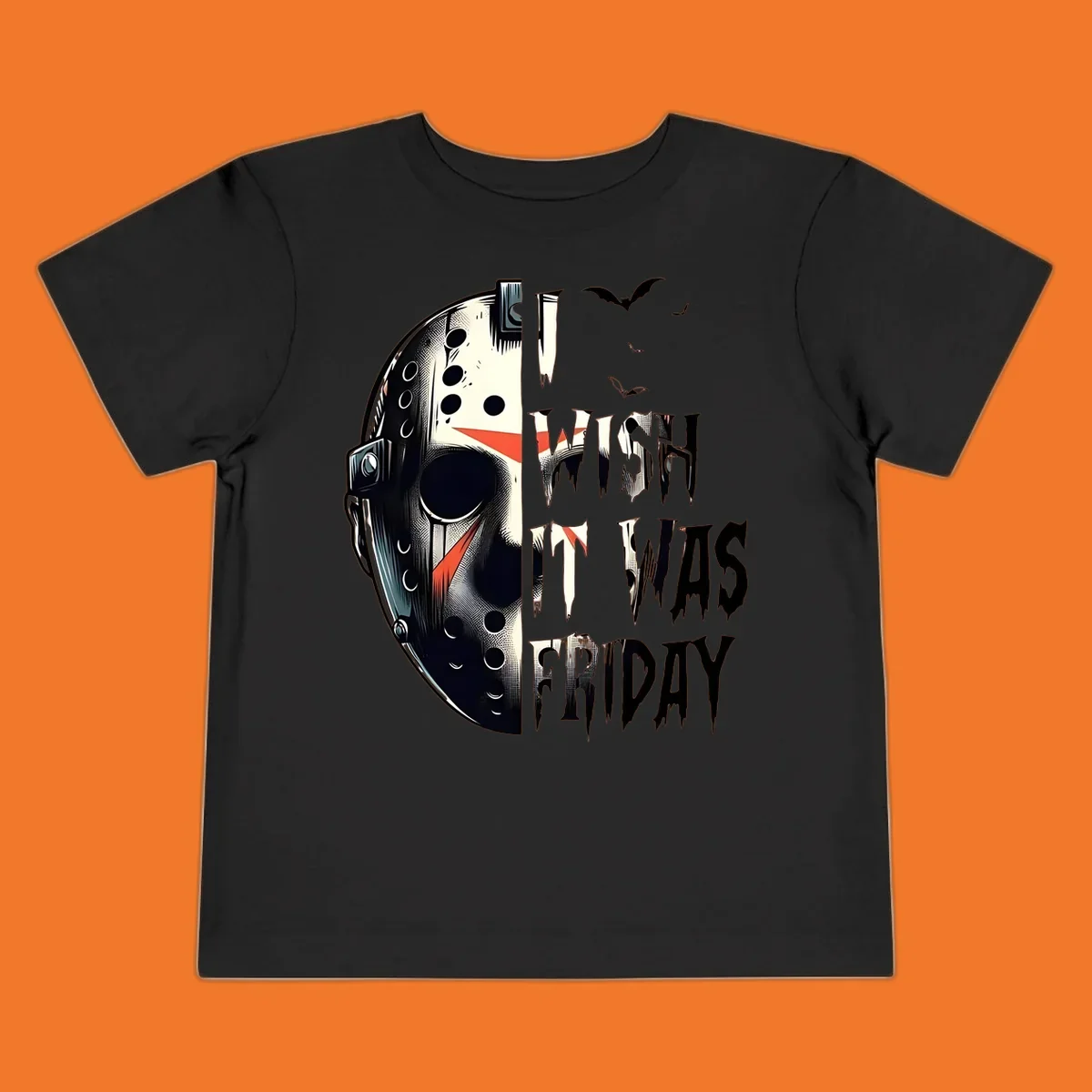 Jason mask and dripping text 'I Wish It Was Friday' with bats. Horror movie fan design.