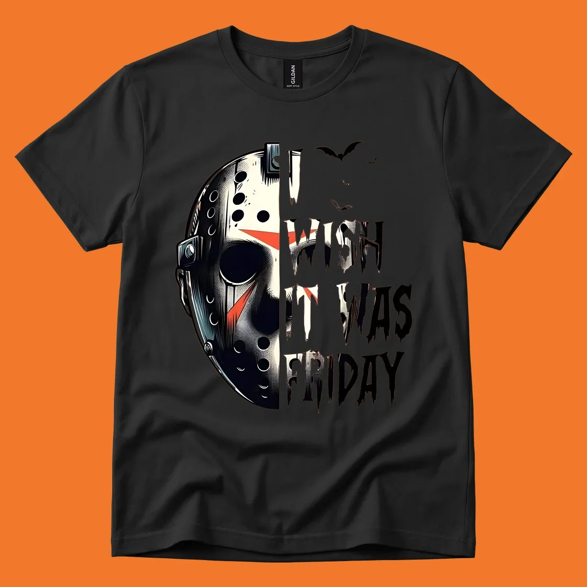 Jason mask and dripping text 'I Wish It Was Friday' with bats. Horror movie fan design.