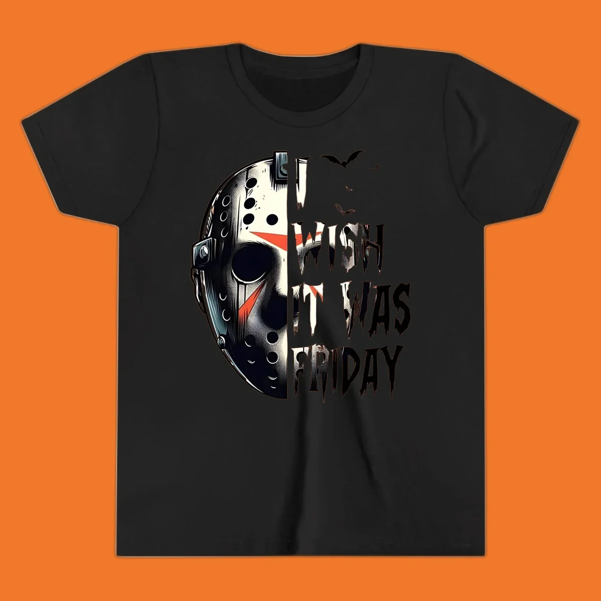 Jason mask and dripping text 'I Wish It Was Friday' with bats. Horror movie fan design.