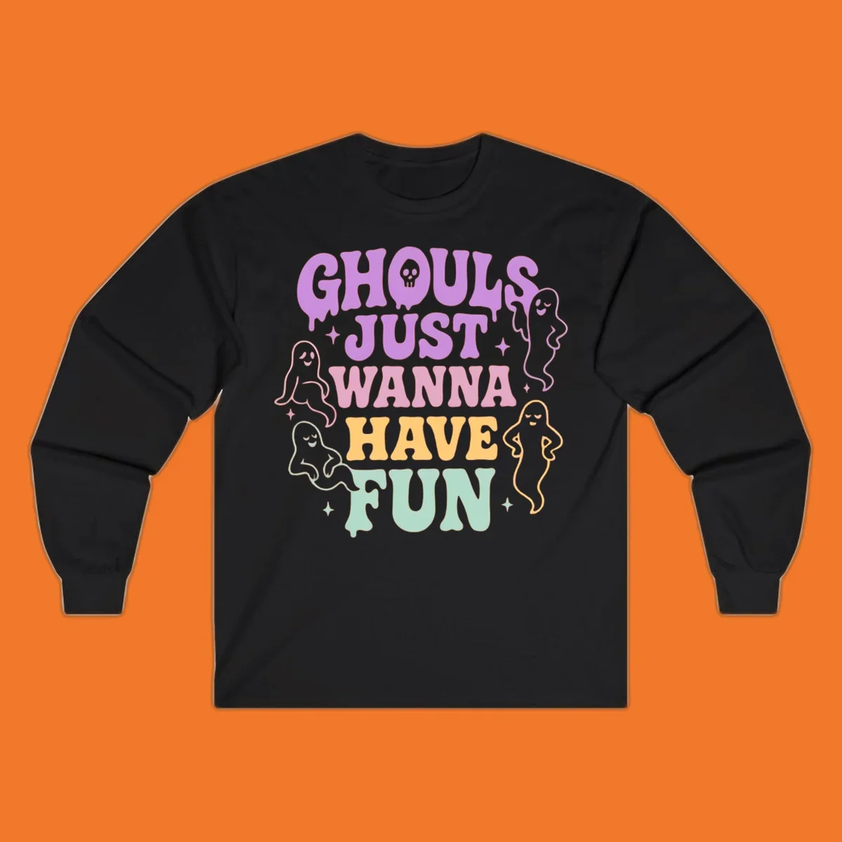 Ghouls wanna have fun Halloween design with ghosts and skull.