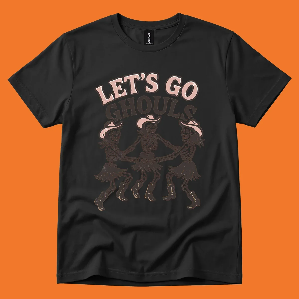 Lets Go Ghouls text with three dancing skeletons in cowboy attire.