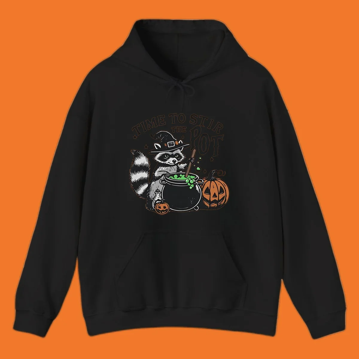 Raccoon witch stirring a halloween pot, text says TIME TO STIR THE POT.