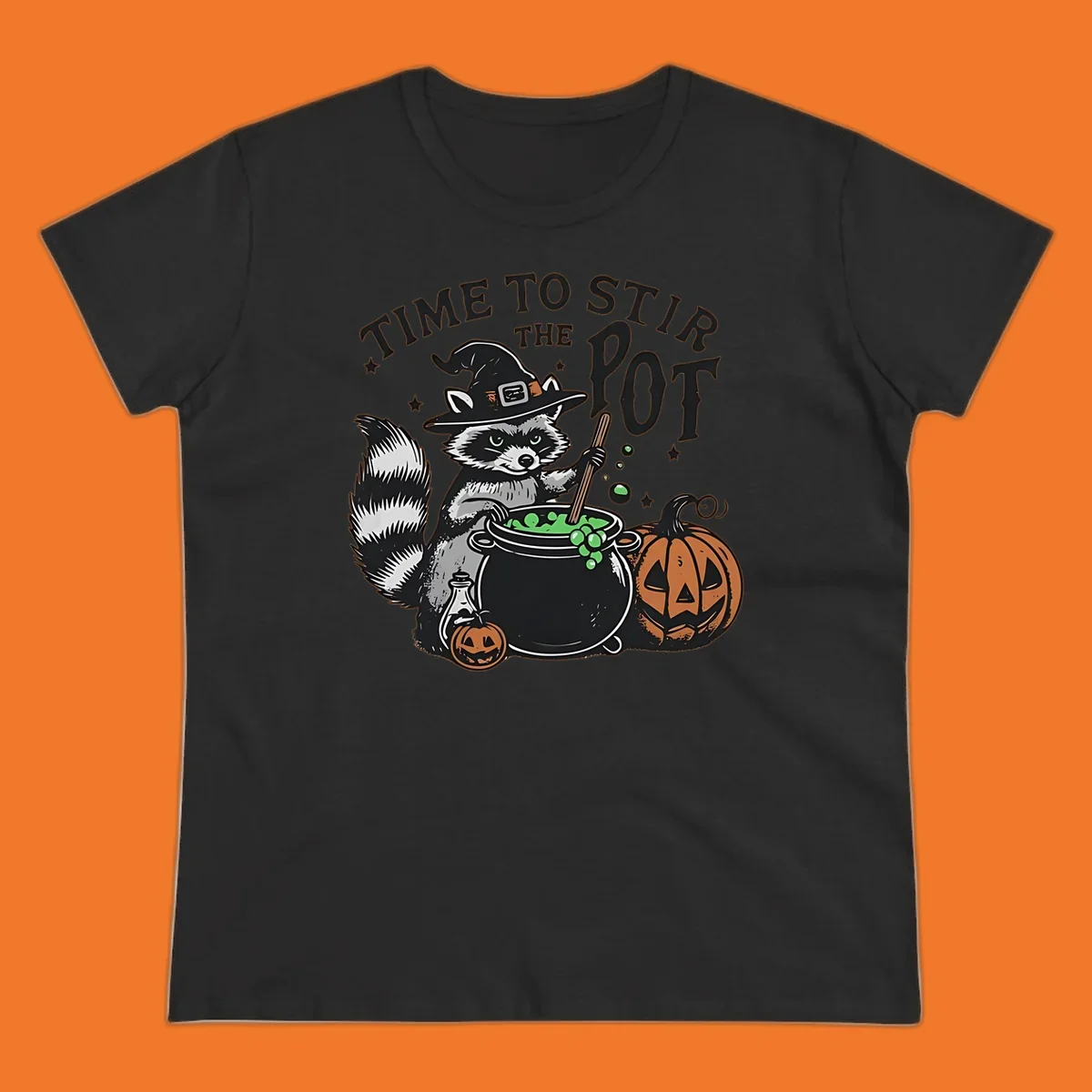 Raccoon witch stirring a halloween pot, text says TIME TO STIR THE POT.