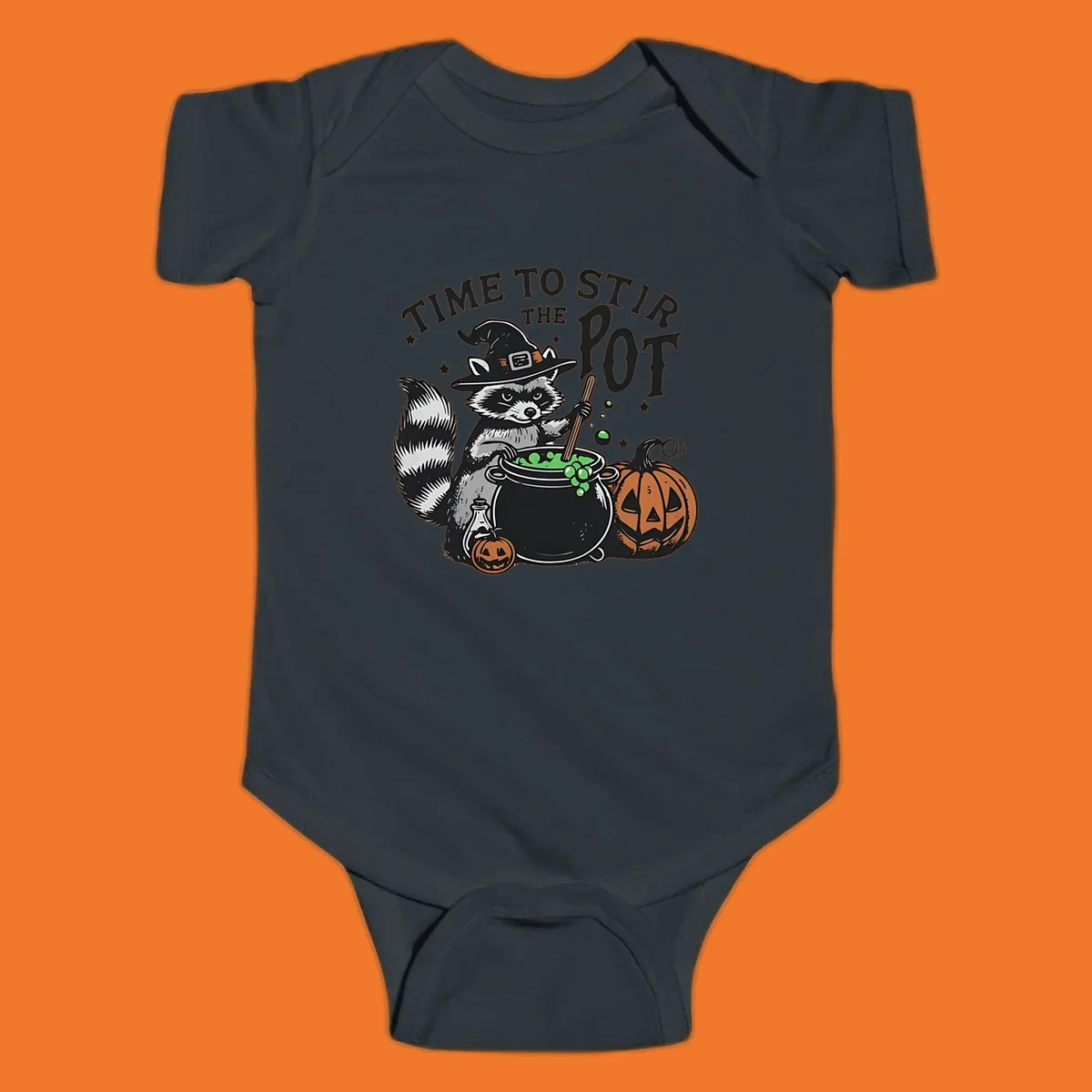 Raccoon witch stirring a halloween pot, text says TIME TO STIR THE POT.