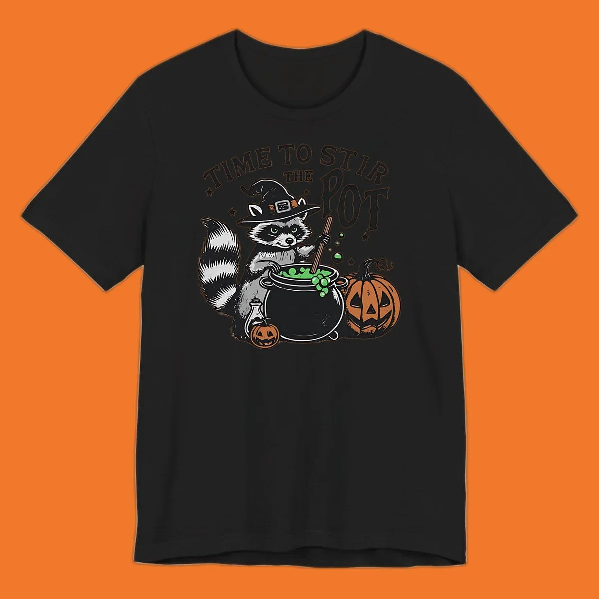 Raccoon witch stirring a halloween pot, text says TIME TO STIR THE POT.