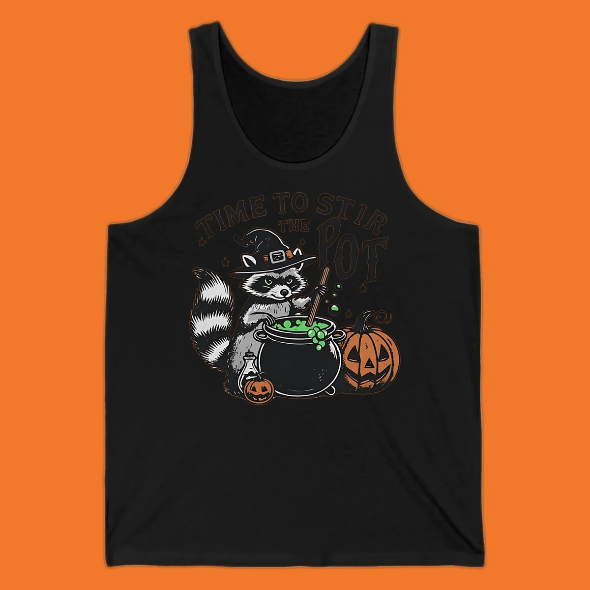 Raccoon witch stirring a halloween pot, text says TIME TO STIR THE POT.