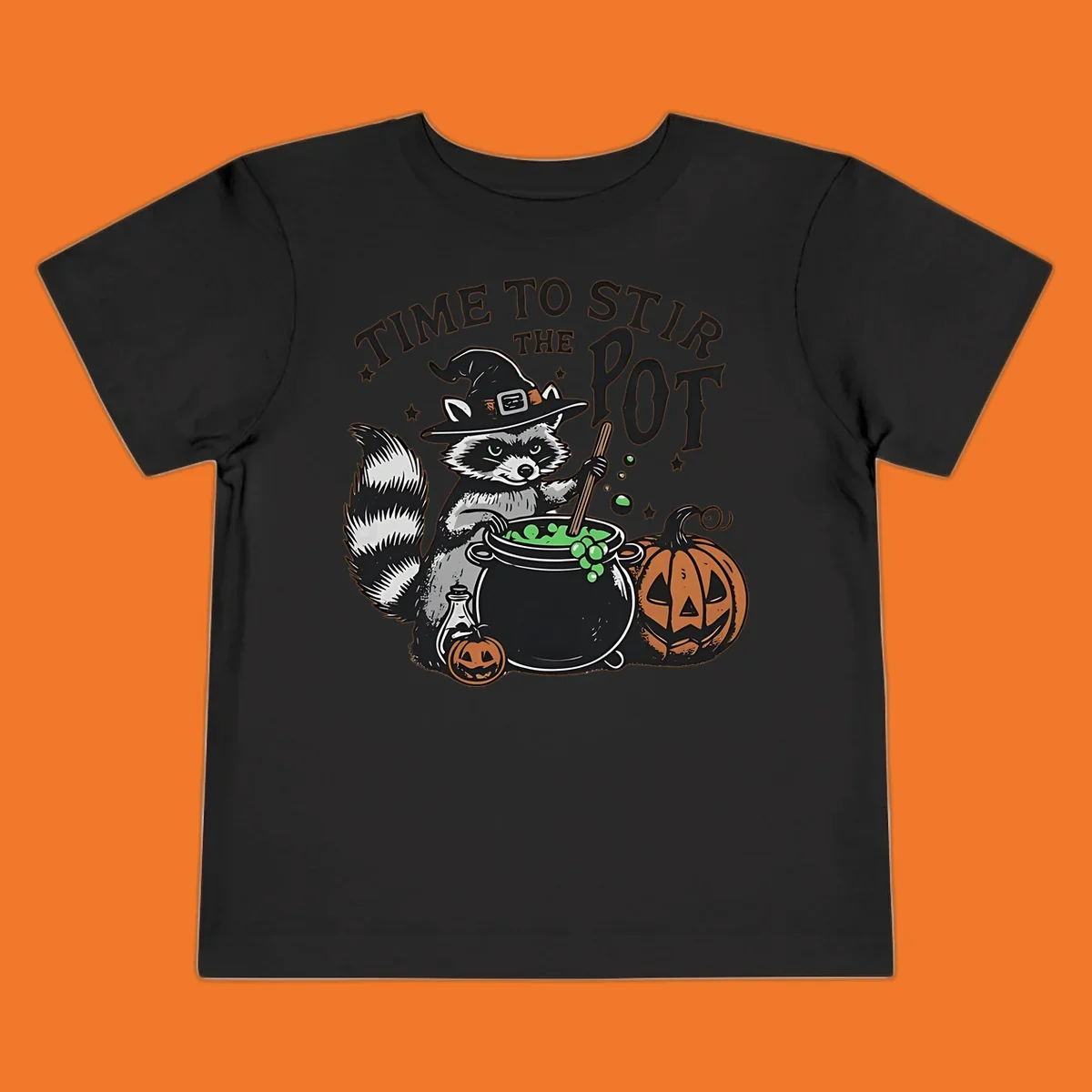 Raccoon witch stirring a halloween pot, text says TIME TO STIR THE POT.