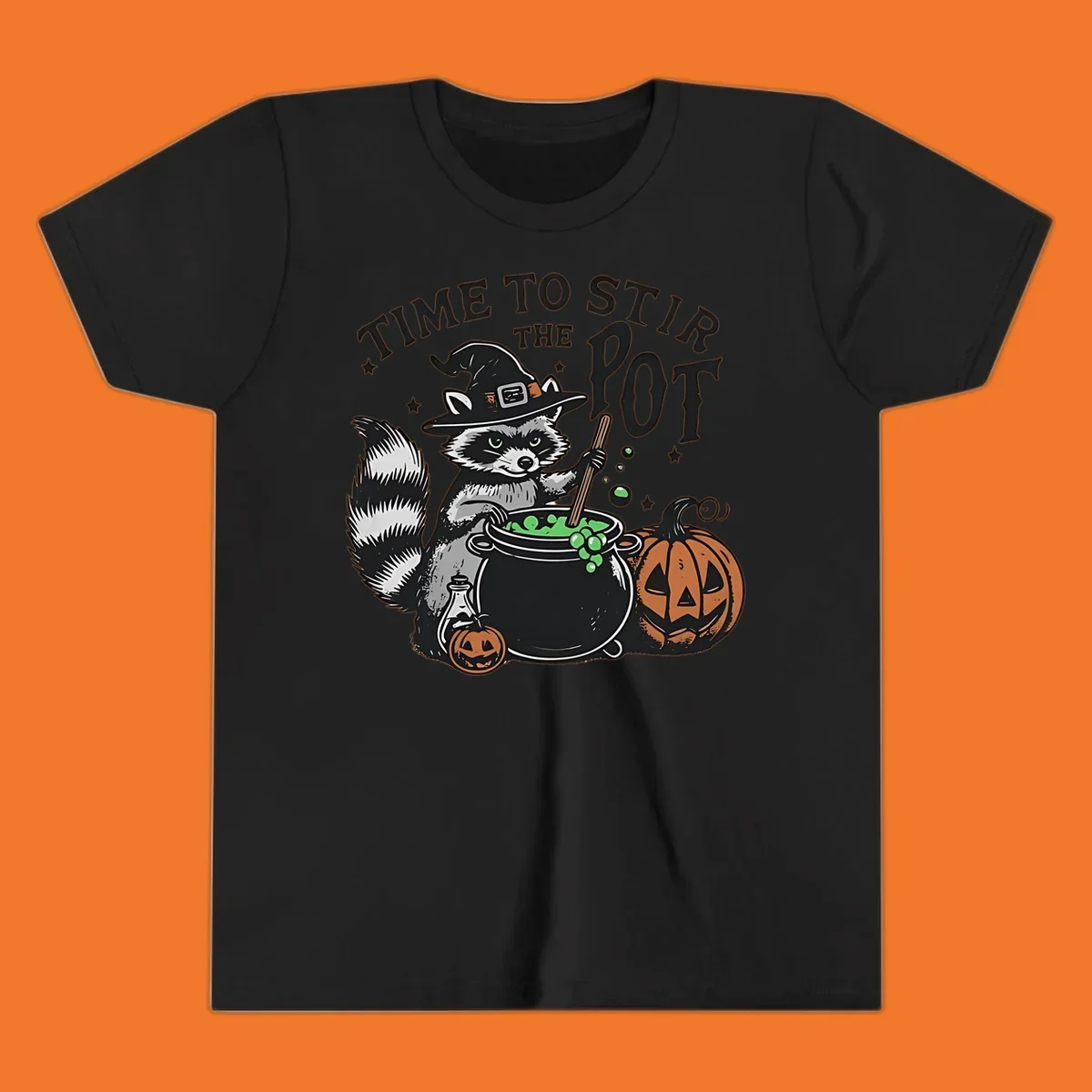 Raccoon witch stirring a halloween pot, text says TIME TO STIR THE POT.